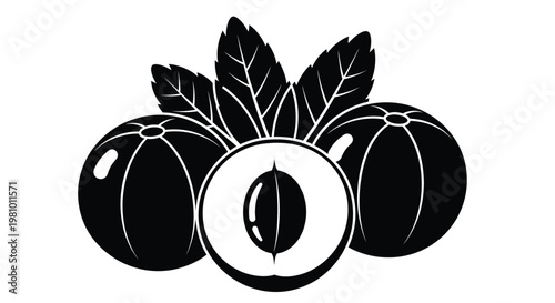 Black and white illustration of currants with leaves a graphic design