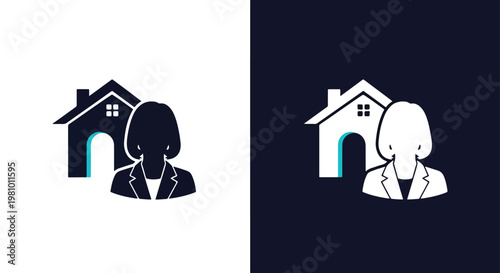 Real estate agent with house icon - Line and glyph solid icon and logo template - Clipart, sticker - icon set
