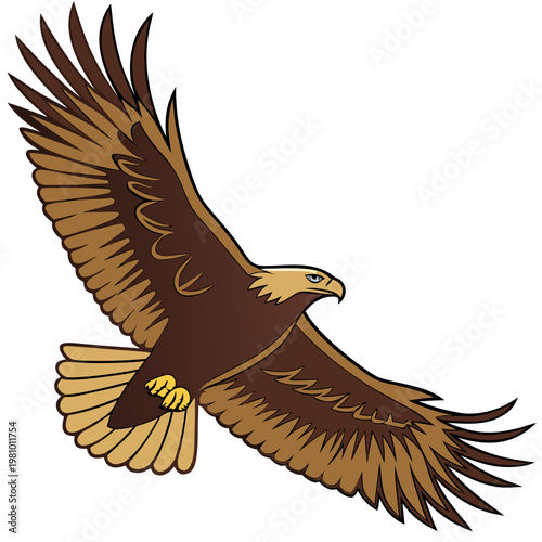 A majestic brown and tan eagle soars diagonally across a bright, clear sky. Its powerful, fully spread wings showcase stylized feathers with distinct black outlines. The flat, vibrant illustration, vi