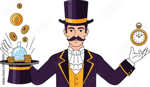 Magician Performing Trick with Top Hat, Coins, and Pocket Watch for Illusion Show and Stage Performance