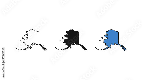 Geographical icons representing the map outline of the state of Alaska, shown in three different styles.