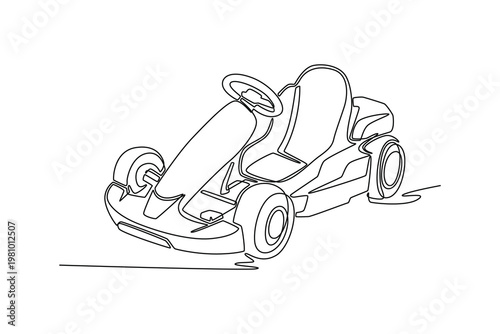 Continuous one line drawing go-kart racing vehicle, competitive karting. Steering wheel, open-cockpit frame, motor sport, racing club, hobby-themed. Single line draw design vector graphic illustration