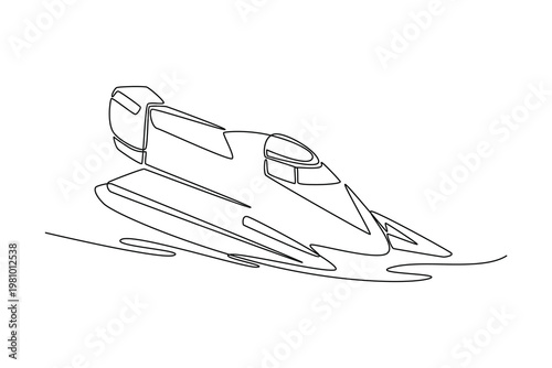 Single continuous line drawing high-speed racing hydroplane, motorboat over water surface at extreme sport. Competitive powerboat racing aquatic speed. One line draw graphic design vector illustration
