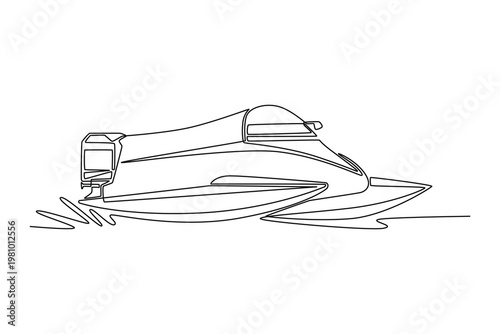 Single continuous line drawing high-performance racing speedboat, hydroplane skimming across the water. Speed, nautical precision, aquatic engineering. One line draw graphic design vector illustration