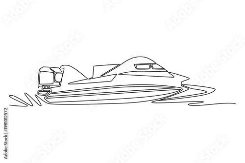 Single continuous line drawing high-speed motorboat or speedboat slicing through the water. Aerodynamic hull, wake of water, summer vacation branding. One line draw graphic design vector illustration