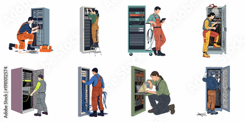 Vector flat illustration set of network engineers and technicians working on server hardware, managing cables, and troubleshooting data center equipment.