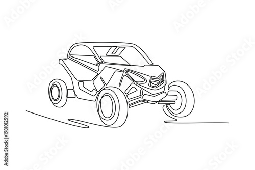 Single continuous line drawing off-road buggy or side-by-side vehicle, desert racing trail exploration. High-energy motor sport branding and adventure. One line draw graphic design vector illustration