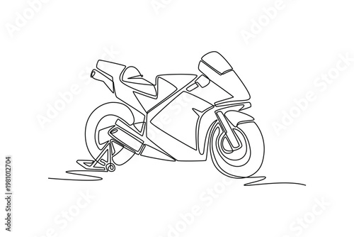 Single one line drawing high-performance sport motorcycle on paddock stand. Aerodynamic fairing, professional track racing and automotive speed. Continuous line draw design graphic vector illustration