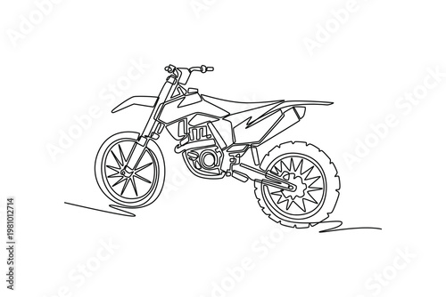 Single one line drawing high-performance dirt bike, often used in motocross. Knobby tires, exposed engine, aerodynamic frame, rugged off-road. Continuous line draw design graphic vector illustration