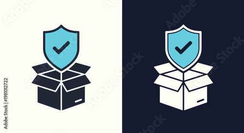 Secure package delivery icon with shield - Line and glyph solid icon and logo template - Clipart, sticker - icon set