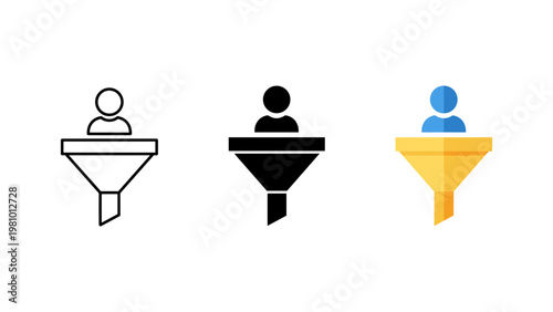 Three funnel icons representing a sales or marketing funnel with a person silhouette in each variation.