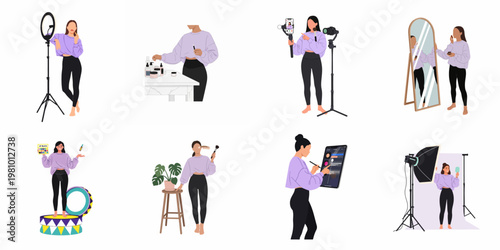 A collection of flat illustrations depicting a beauty influencer recording content, applying makeup, and working in a photography studio.