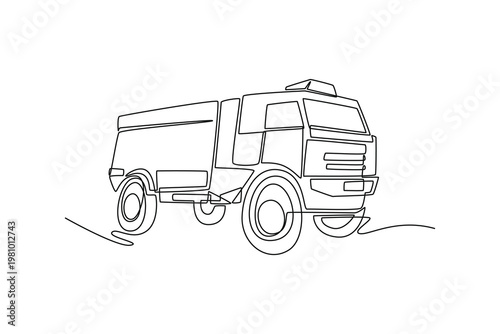 Single one line drawing heavy-duty expedition truck or overland vehicle. Boxy cargo area, large wheels, conveying sense of industrial strength. Continuous line draw design graphic vector illustration
