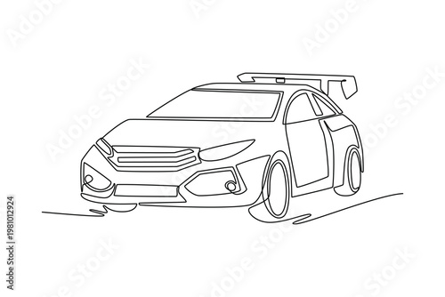 Continuous one line drawing modern sports coupe, hatchback modified for racing, prominently showing large GT-style rear wing. Popular street racing. Single line draw design vector graphic illustration