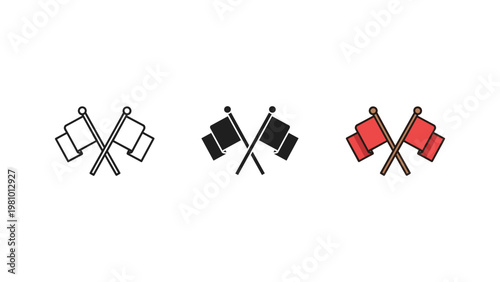 Two crossed flags are depicted in three different iconic styles, representing competition, victory, or a racing start.