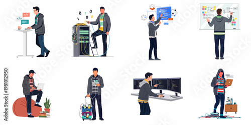 Flat illustrations set of IT professionals, developers, and engineers working in various technology roles, including coding, server management, and software development.