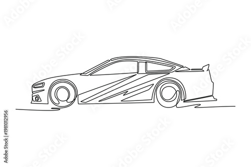 Continuous one line drawing professional stock racing car from side view, featuring bold aerodynamic and rear spoiler for motor sport art projects. Single line draw design vector graphic illustration