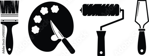 Collection of black silhouette painting tools including a brush, palette with paint blobs, roller, and spatula, representing artistic creation.