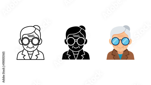 A friendly avatar of an elderly woman wearing large round glasses is displayed in three distinct icon styles.