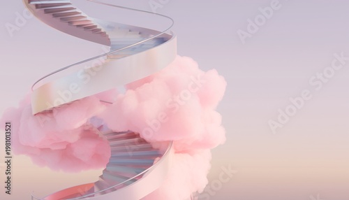 Dreamy spiral staircase ascending through soft pink clouds, abstract path to future growth with copy space right