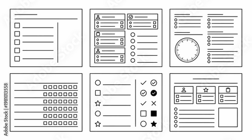 Set of six different wireframe templates for web and app design, featuring various UI elements like checkboxes, radio buttons, and input fields.