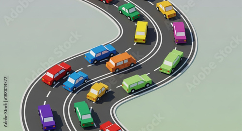 Colorful Cars Driving on a Winding Road.