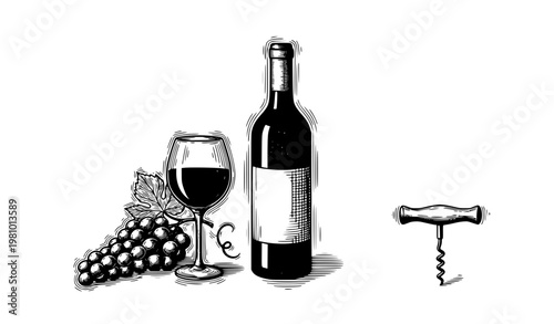 Wine sketch vintage vector illustration with bottle glass corkscrew and grapes for winery design