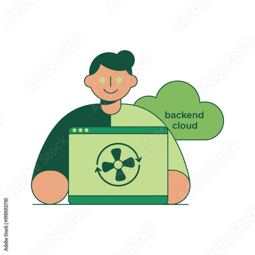 Person Using Laptop With Backend Cloud Illustration.