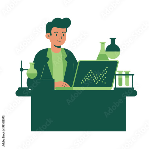 Scientist at desk analyzing data with lab equipment.