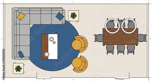 Top view of a modern living and dining room floor plan.