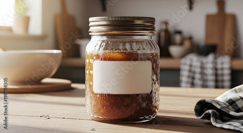A glass jar of homemade preserves with a blank label on a wooden kitchen table in morning light.