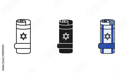 A scroll with a Star of David is depicted in three icon styles: outline, silhouette, and colored.