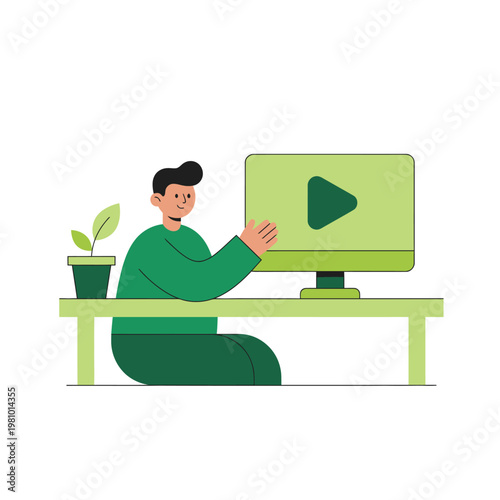 Person sitting at desk using computer and watching video on screen.