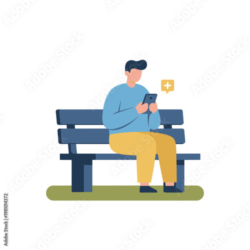 Person seated on bench using smartphone high focus.