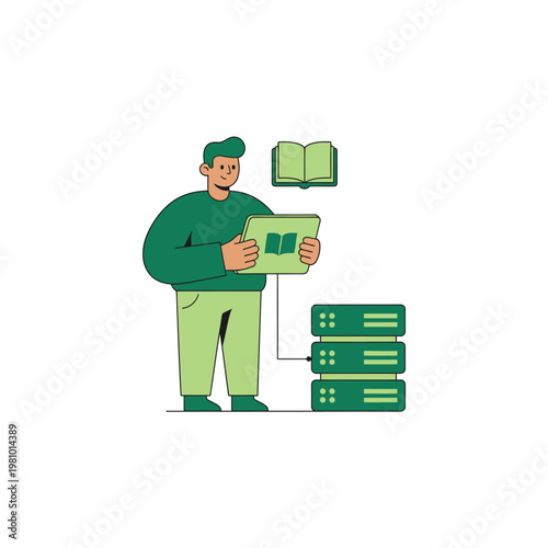 Green Clad Man Counting Money Beside Server Stack.