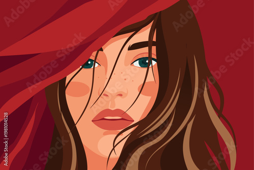 Elegant Vector Portrait of a Young Woman with Long Brown Hair and Freckles for Skincare, Beauty Marketing, and Fashion Social Media Branding
