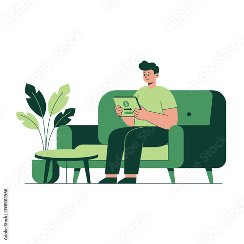 Man on Green Sofa Reading a Magazine.