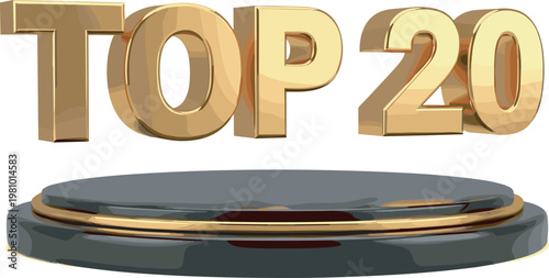 Golden Top 20 3D Text on Black Podium for Rankings Awards Leaderboards Product Highlights Success Celebrations and Performance Flat Vector Illustration