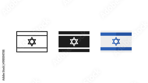 Three Israeli flag icons presented in outline, silhouette, and full color versions on a white background.