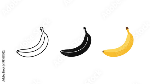 Three banana icons in outline, silhouette, and a bright yellow fruit version on a white backdrop.