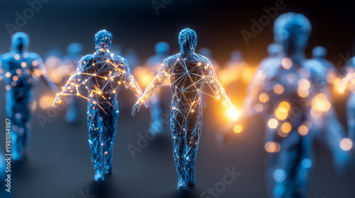 Digital human figures connected by glowing nodes to represent social networks, data driven relationships and the structure of connected communities.
