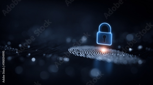 A padlock icon above a fingerprint to represent biometric security, identity protection and secure authentication through personal data recognition.
