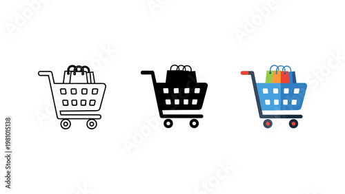 Three shopping cart icons filled with bags, shown in outline, silhouette, and a bright, colorful design.