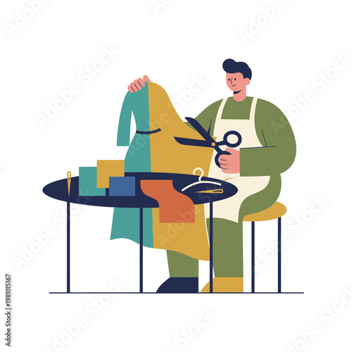 Tailor at Work Sewing on a Machine with Fabric.