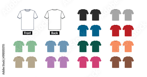 Set of colorful T-shirt mockup. Men's fashion apparel template collection in wide color palette. Short sleeve shirt mock up front back view isolated on white background..