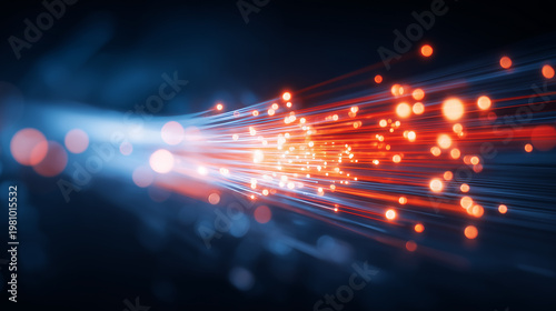 A stream of glowing light particles moving through digital space, representing high speed data transfer, network communication, and technological innovation.
