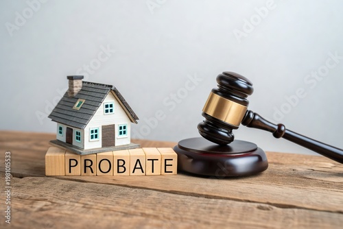 Miniature house and gavel on wooden blocks spelling 'PROBATE', symbolizing legal property matters
