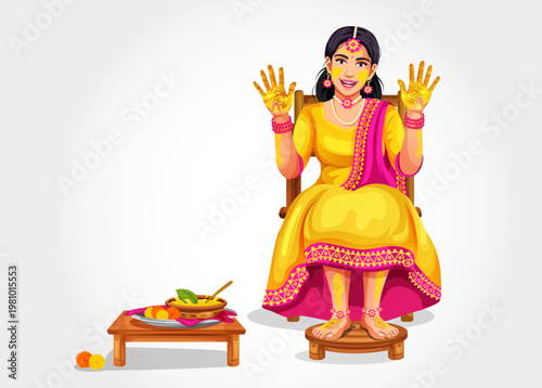 Vector illustration of a smiling, beautiful Indian bride with beautiful mehndi designs on her hands smeared with turmeric during her ritual pre-marriage ceremony ,isolate on white background