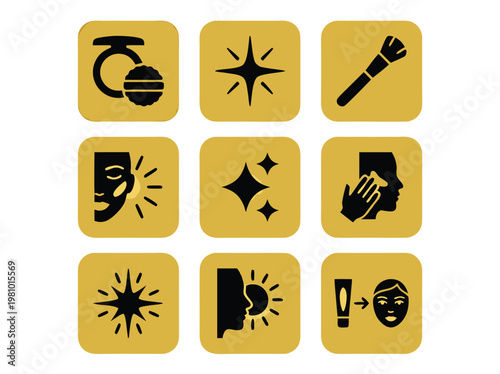 Set of Nine Beauty and Skincare Icons Featuring Makeup Tools and Facial Treatments.