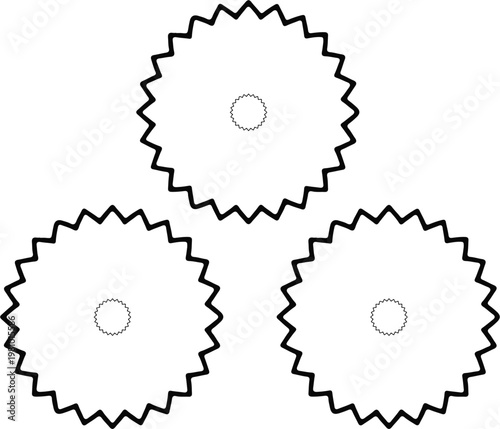 Minimalist black and white gear icons for industrial design. Three interlocking mechanical cogs line art illustration.